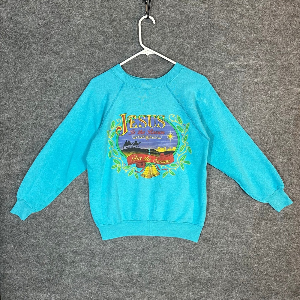 Vintage Jesus Is The‎ Reason For The Season Graphic Sweatshirt Mens Turquoise